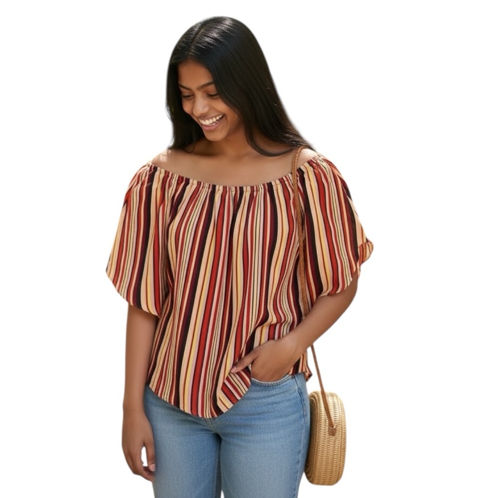 Caren Sport Multicolor Striped Blouse with Bat Wing Sleeves, Attached Tank Under